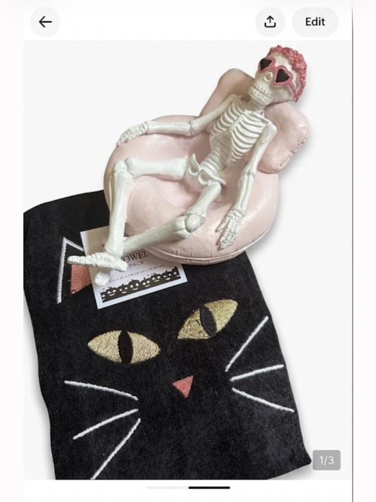 Other - Cat-Themed Black Towel with Gold Eyes - Pink Skeleton Display Accent 2 pc